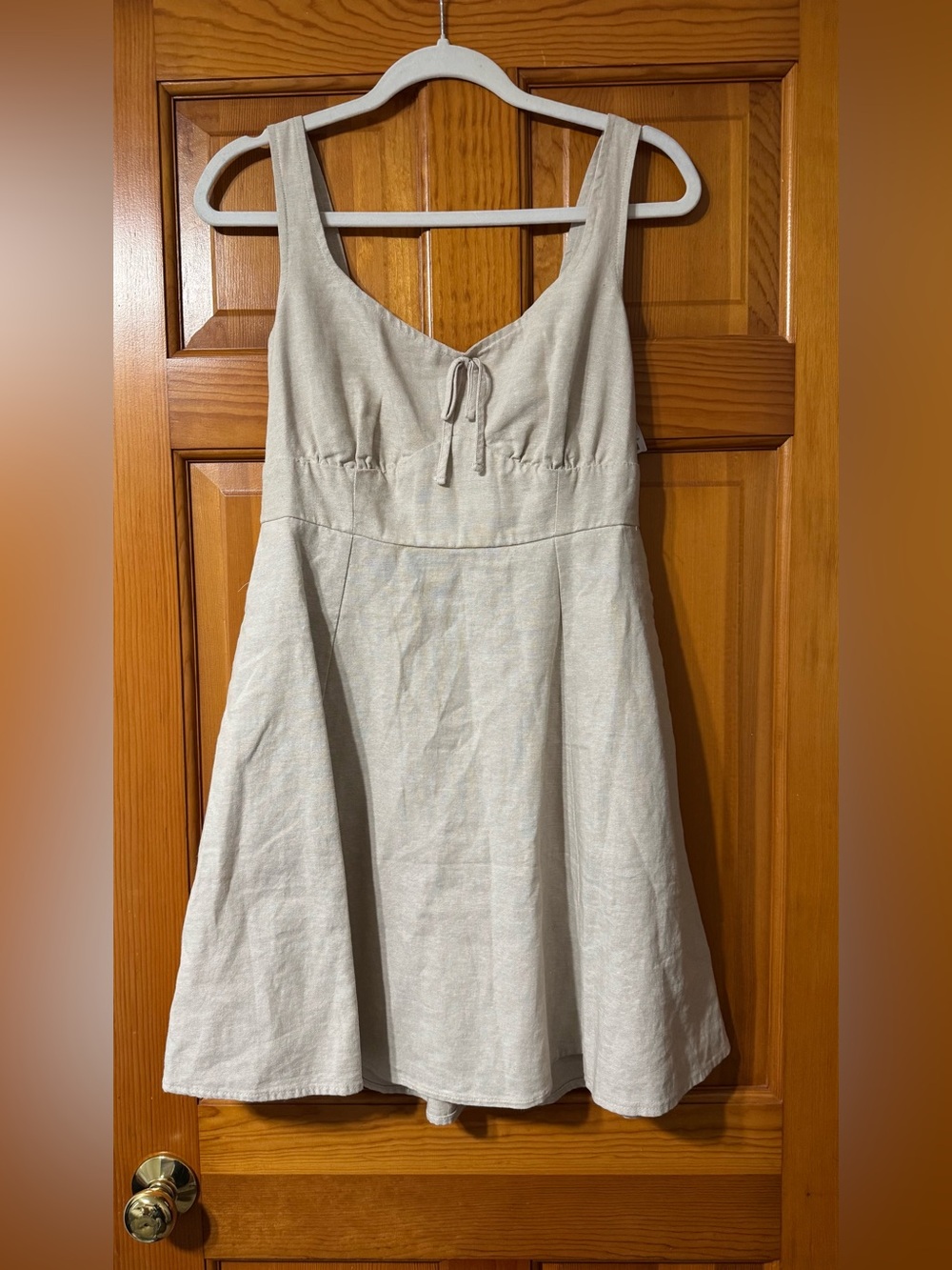 Women's Cream Linen-Blend Tie-Front Sundress with Pockets